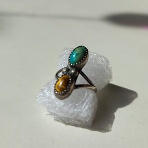 Vintage Petit Zuni Turquoise Tiger's Eye Ring 925 Sterling Silver Size 2 Native